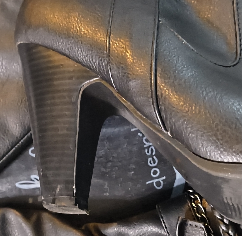 JustFab Sleek Black Heeled Boots with Chain Accent - Picture 8 of 10